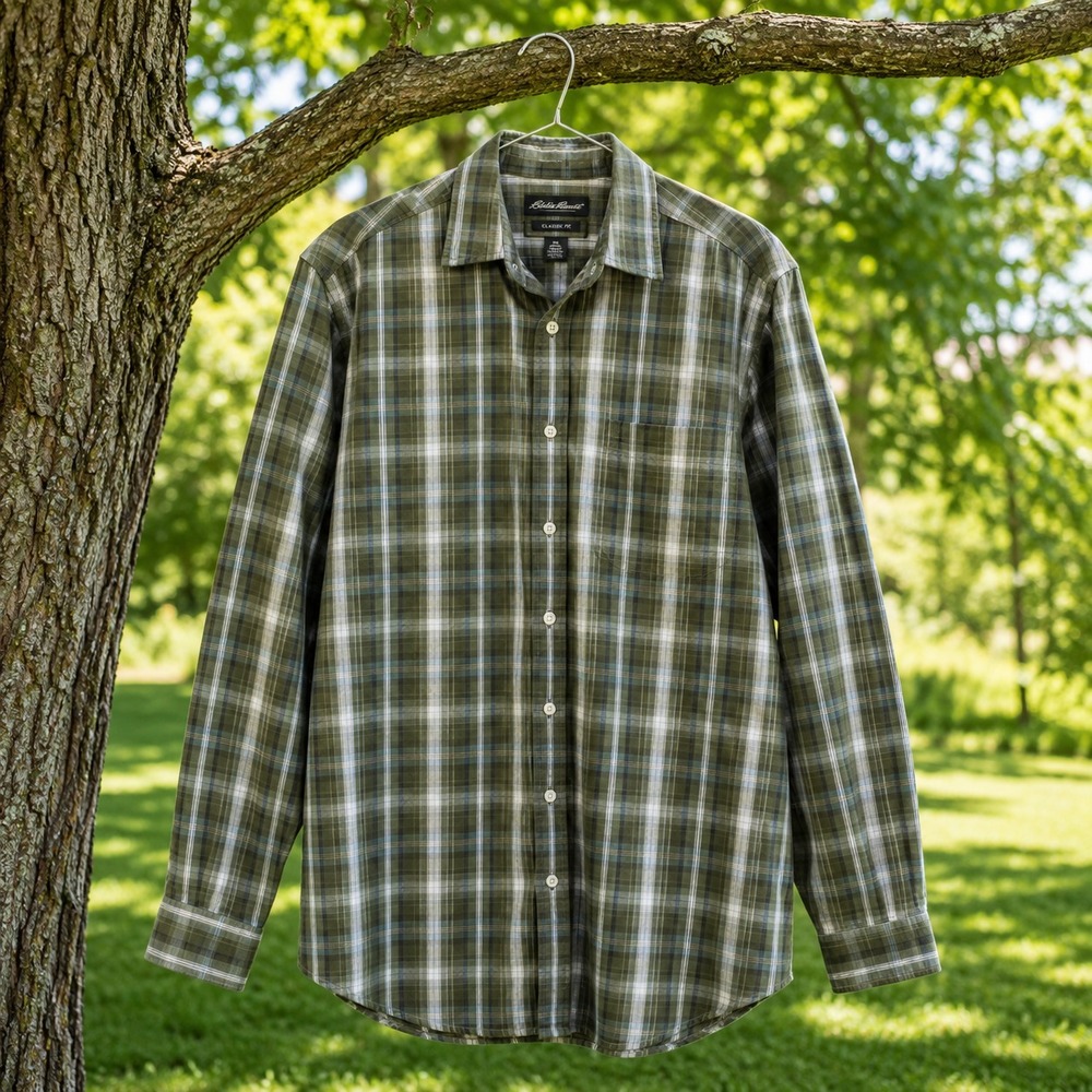 Eddie Bauer Classic Fit Plaid Shirt Men's Tall XXL Gray Button Front Cotton
